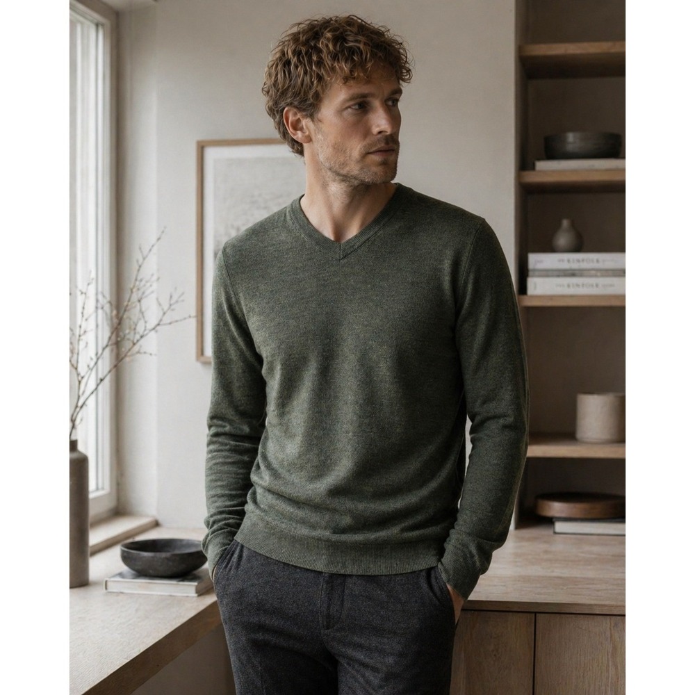 We Norwegians Merino Wool V Neck Sweater Green Mens L Lightweight Knit Norway